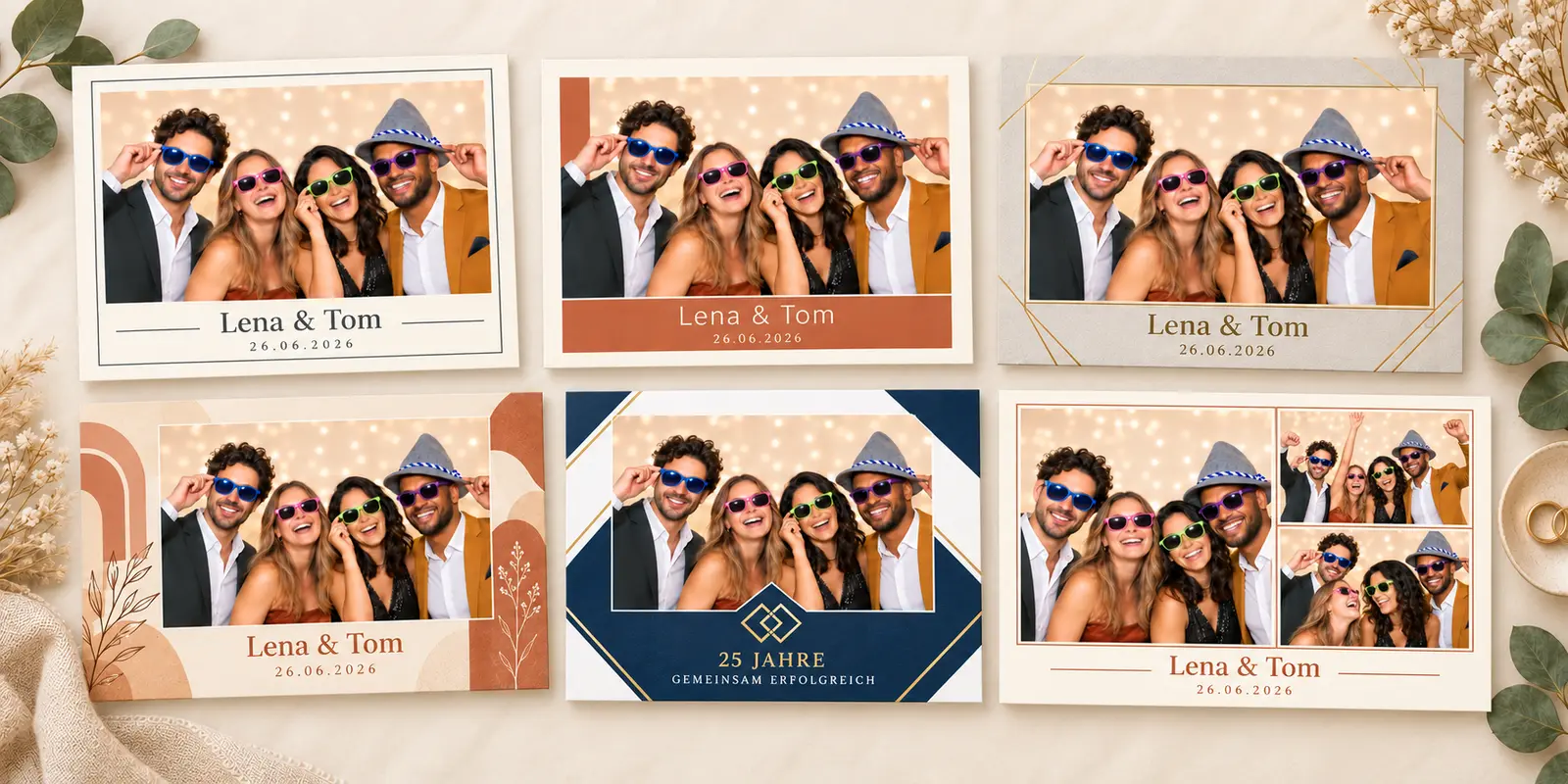 Fotolayouts für Hochzeit, Boho, Firmenjubiläum und Drei-Foto-Collage