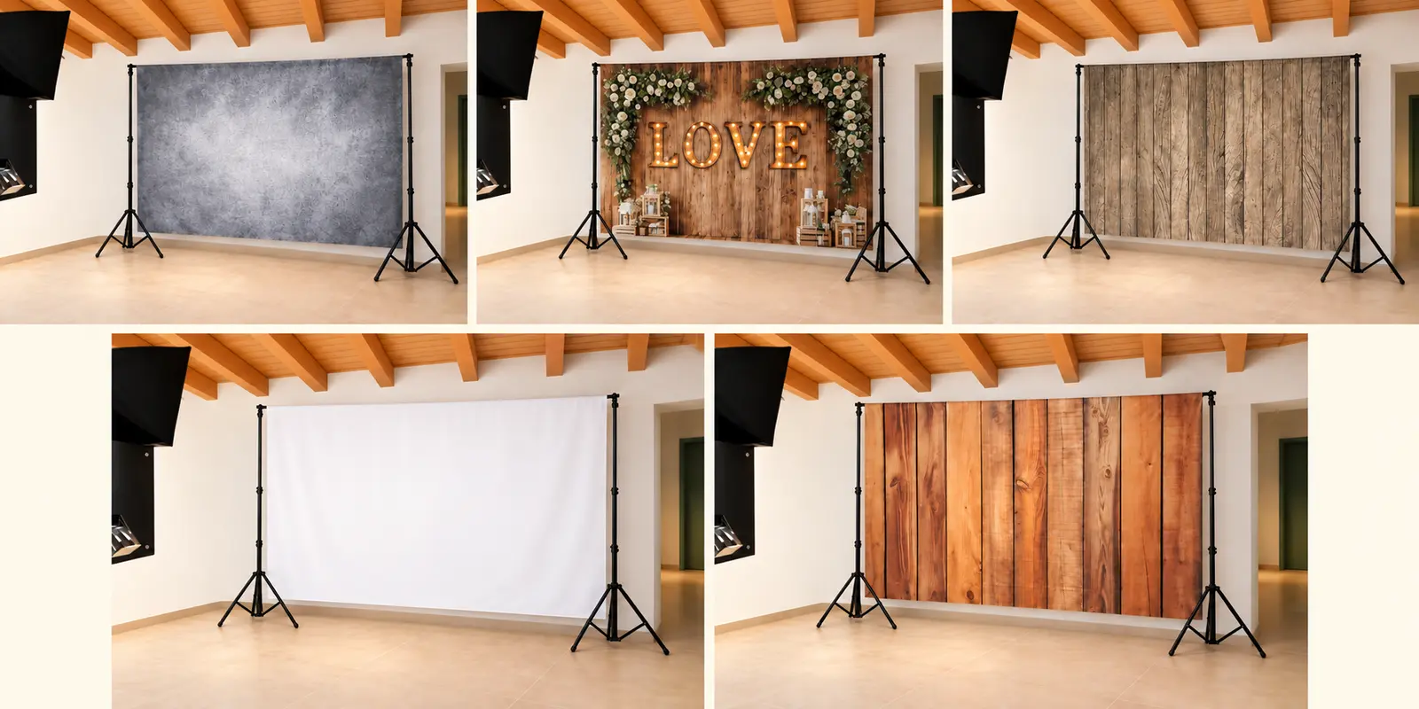 Beispiele für Fotobox-Hintergründe; weitere Motive sind auf Anfrage erhältlich